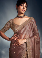 Monjolika Fashion Dusty Pink Tissue Organza Saree With Moti, Cutdana & Sequins Khatli Work - Distacart