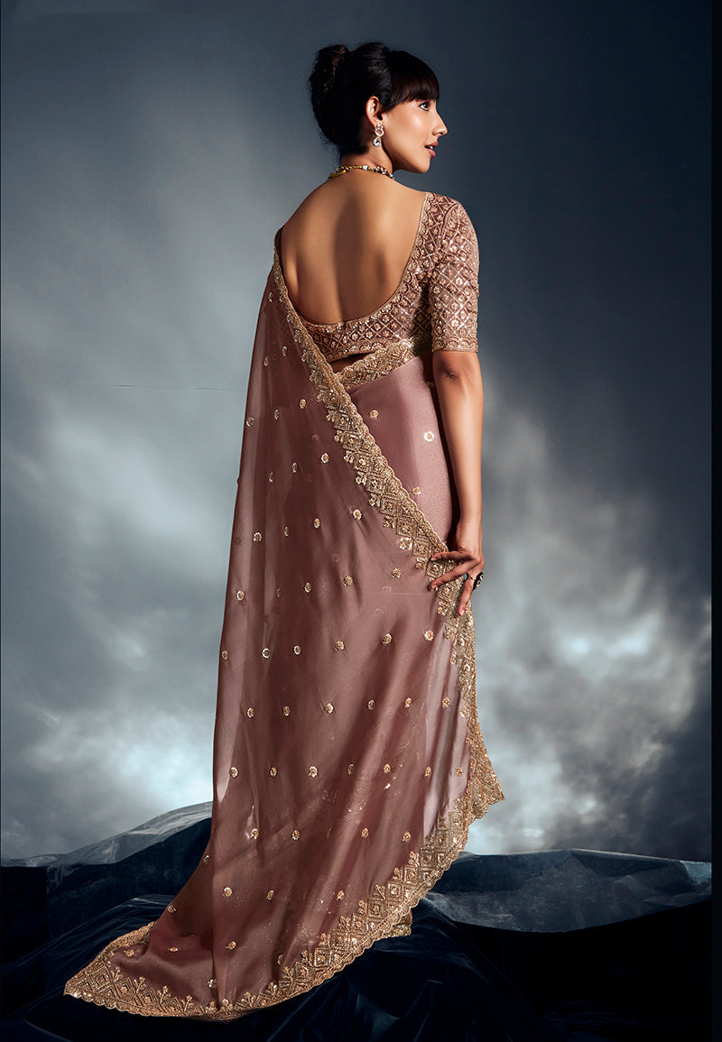 Monjolika Fashion Dusty Pink Tissue Organza Saree With Moti, Cutdana & Sequins Khatli Work - Distacart