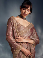 Monjolika Fashion Dusty Pink Tissue Organza Saree With Moti, Cutdana & Sequins Khatli Work - Distacart
