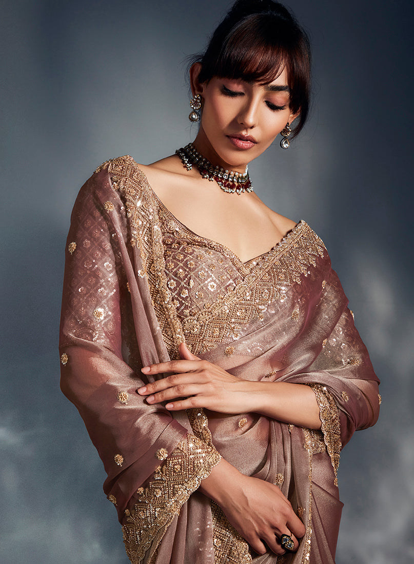 Monjolika Fashion Dusty Pink Tissue Organza Saree With Moti, Cutdana & Sequins Khatli Work - Distacart
