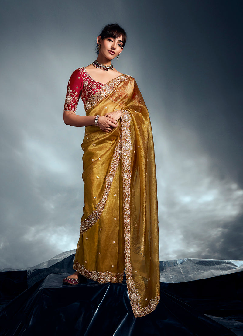 Monjolika Fashion Mustard Tissue Organza Saree With Moti, Cutdana & Sequins Khatli Work - Distacart