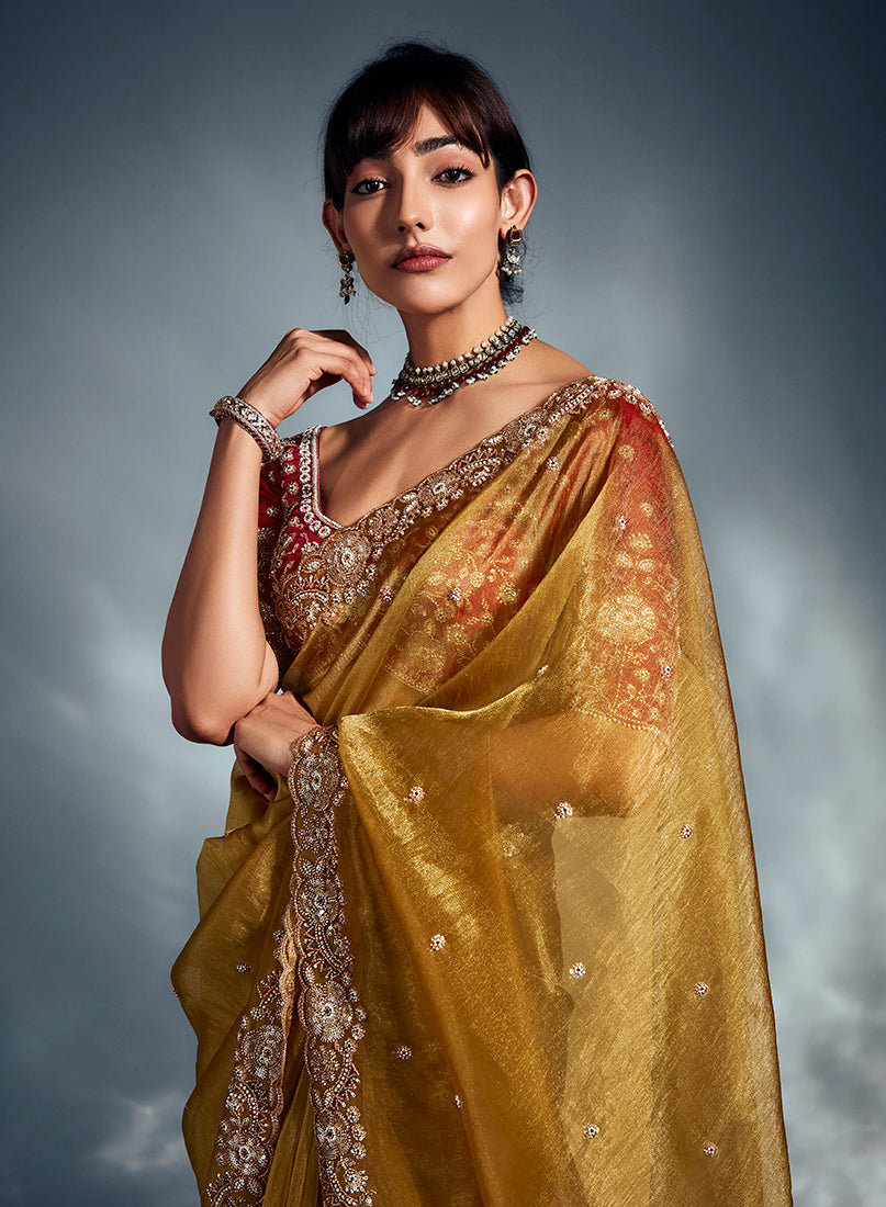 Monjolika Fashion Mustard Tissue Organza Saree With Moti, Cutdana & Sequins Khatli Work - Distacart