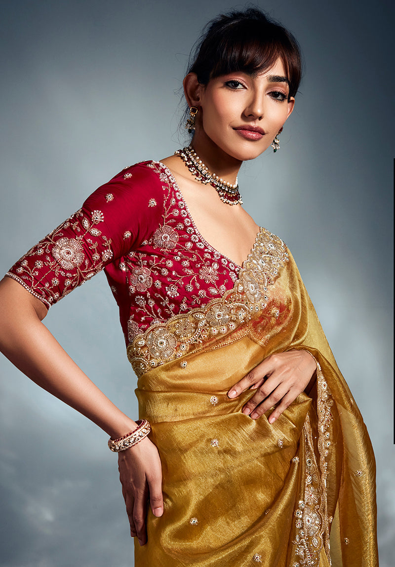 Monjolika Fashion Mustard Tissue Organza Saree With Moti, Cutdana & Sequins Khatli Work - Distacart