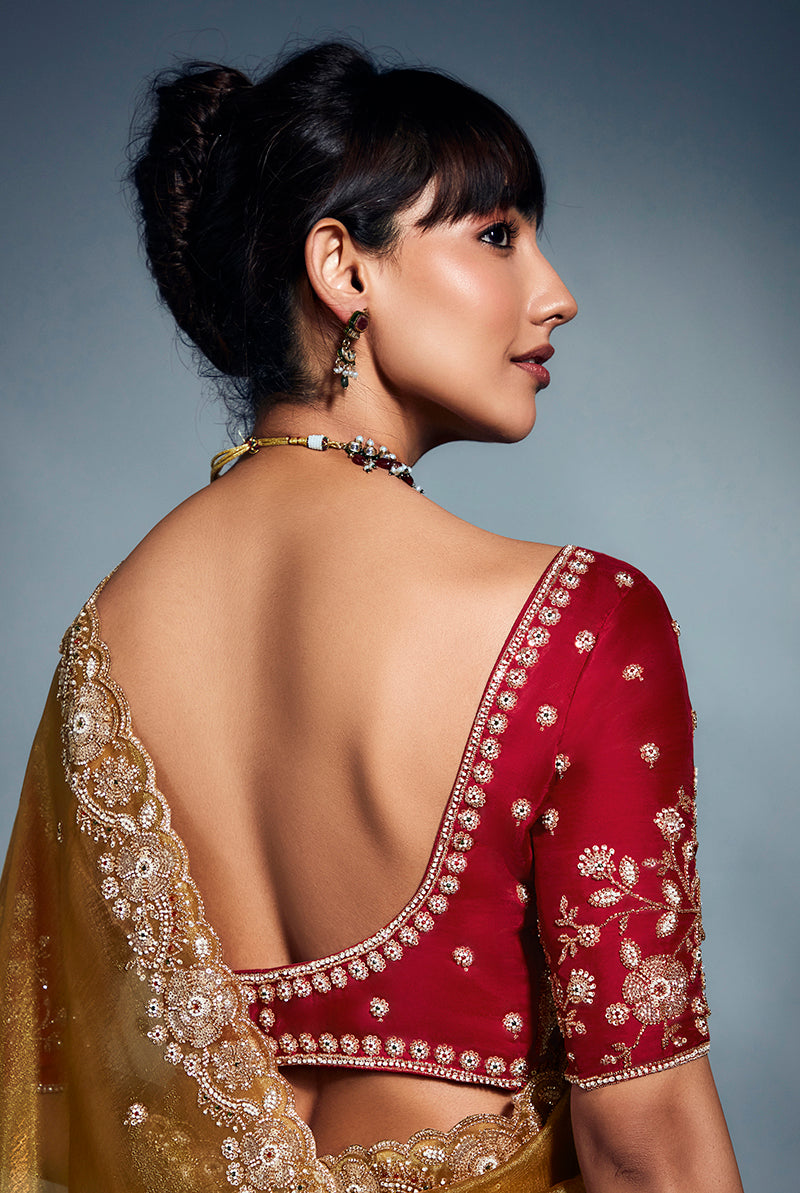 Monjolika Fashion Mustard Tissue Organza Saree With Moti, Cutdana & Sequins Khatli Work - Distacart