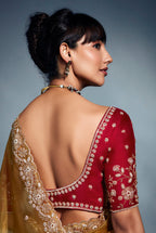Monjolika Fashion Mustard Tissue Organza Saree With Moti, Cutdana & Sequins Khatli Work - Distacart