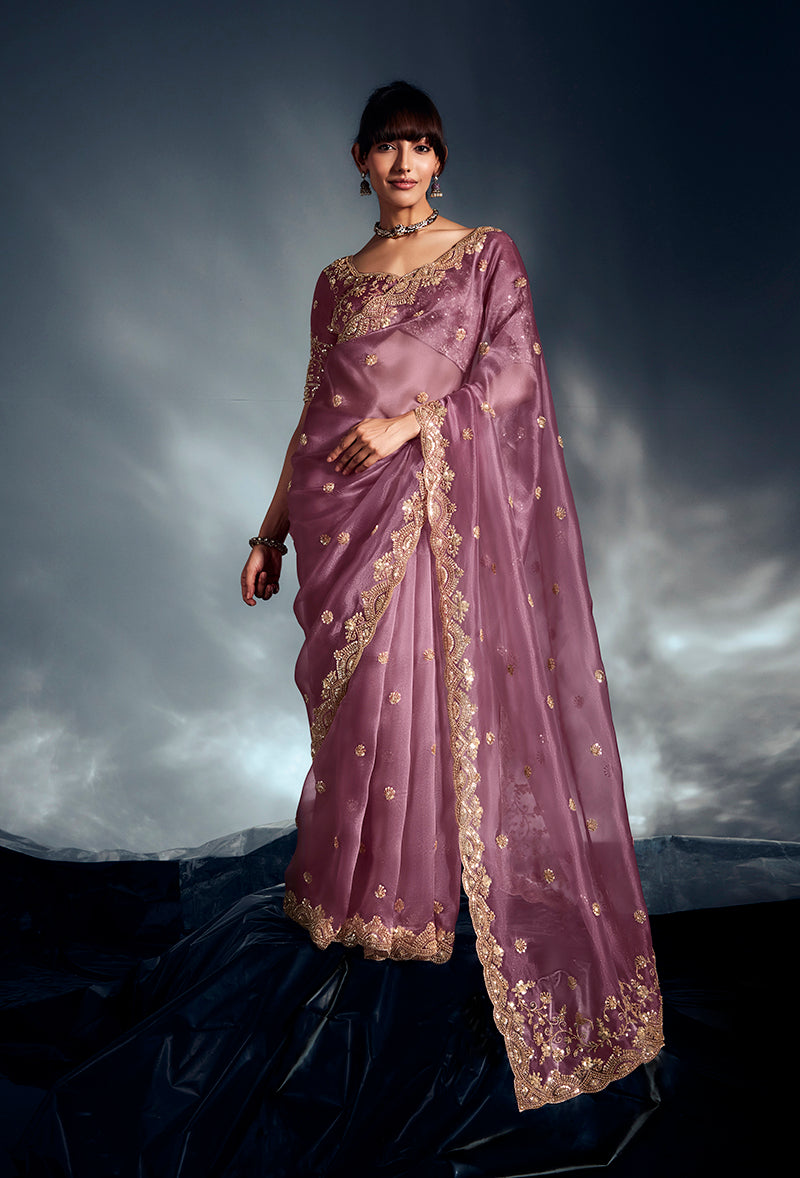 Monjolika Fashion Designer Onion Pink Tissue Organza Saree With Moti, Cutdana & Sequins Work - Distacart