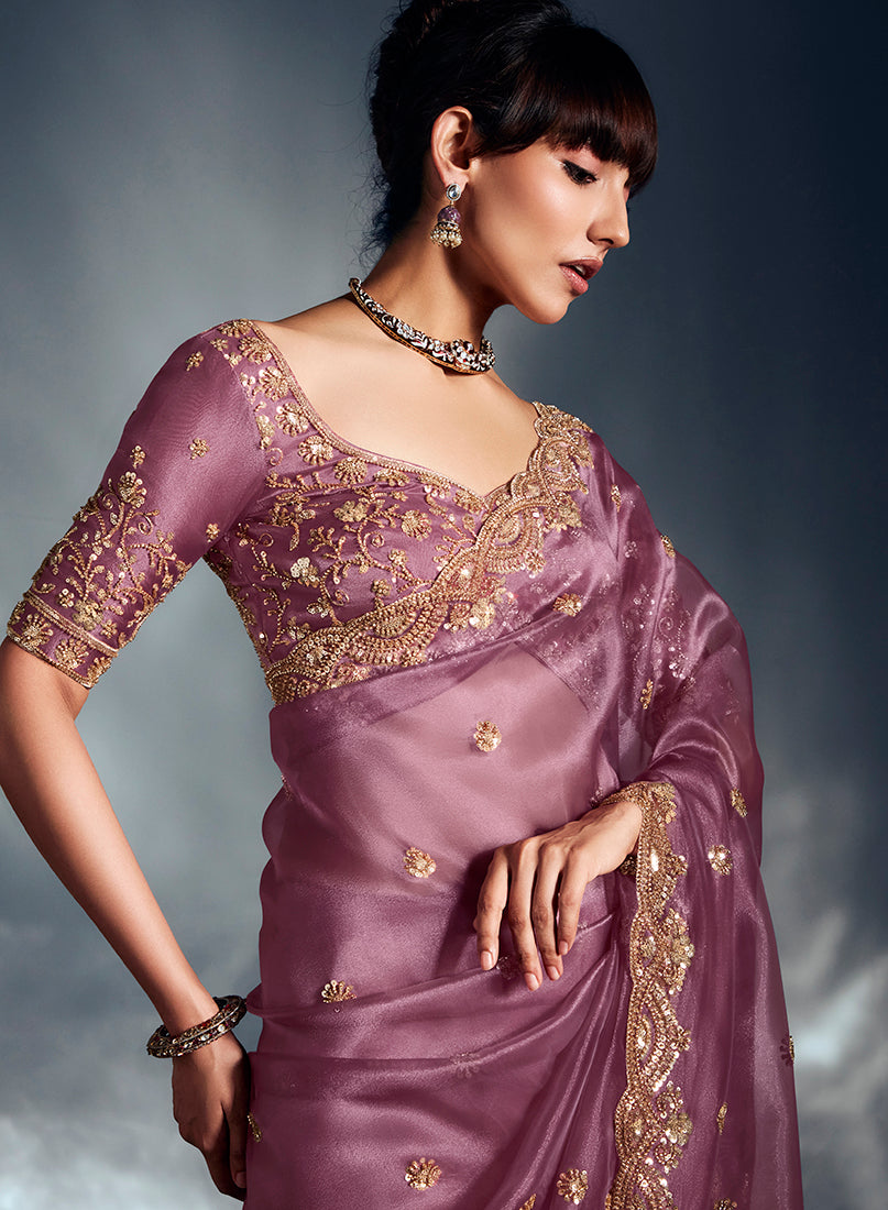 Monjolika Fashion Designer Onion Pink Tissue Organza Saree With Moti, Cutdana & Sequins Work - Distacart