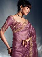 Monjolika Fashion Designer Onion Pink Tissue Organza Saree With Moti, Cutdana & Sequins Work - Distacart