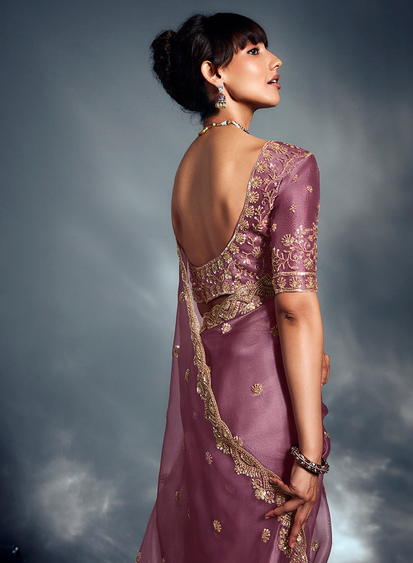 Monjolika Fashion Designer Onion Pink Tissue Organza Saree With Moti, Cutdana & Sequins Work - Distacart