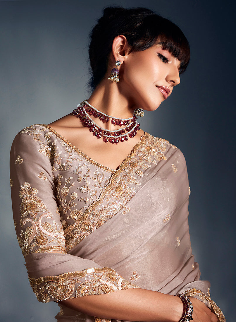 Monjolika Fashion Ivory Tissue Organza Saree With Moti, Cutdana & Sequin Work - Distacart