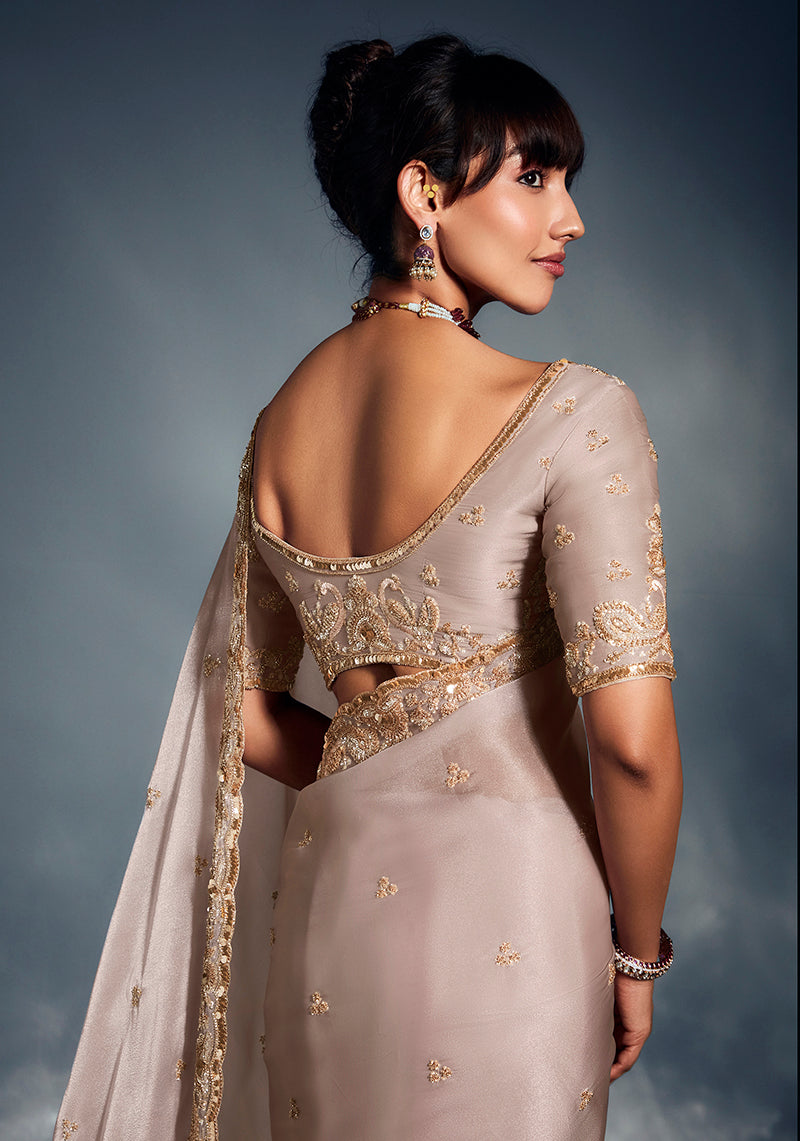 Monjolika Fashion Ivory Tissue Organza Saree With Moti, Cutdana & Sequin Work - Distacart