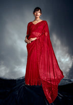 Monjolika Fashion Red Tissue Organza Saree With Moti, Cutdana & Sequin Work - Distacart