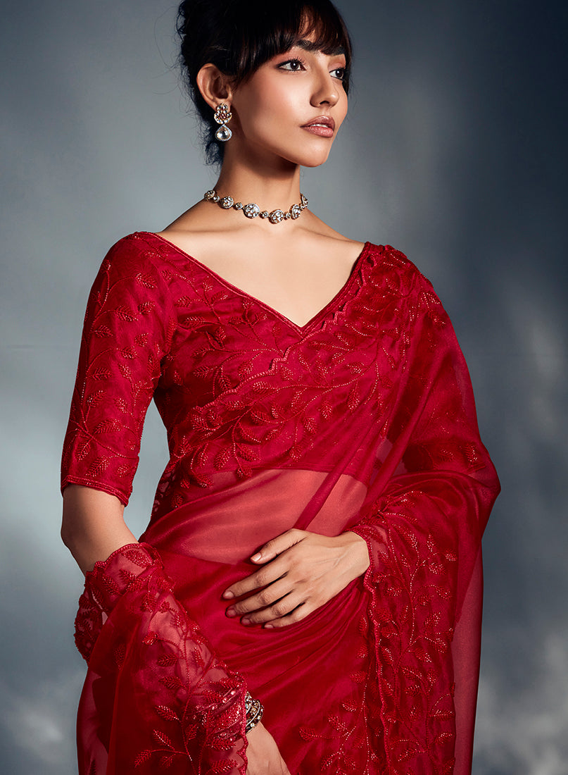 Monjolika Fashion Red Tissue Organza Saree With Moti, Cutdana & Sequin Work - Distacart