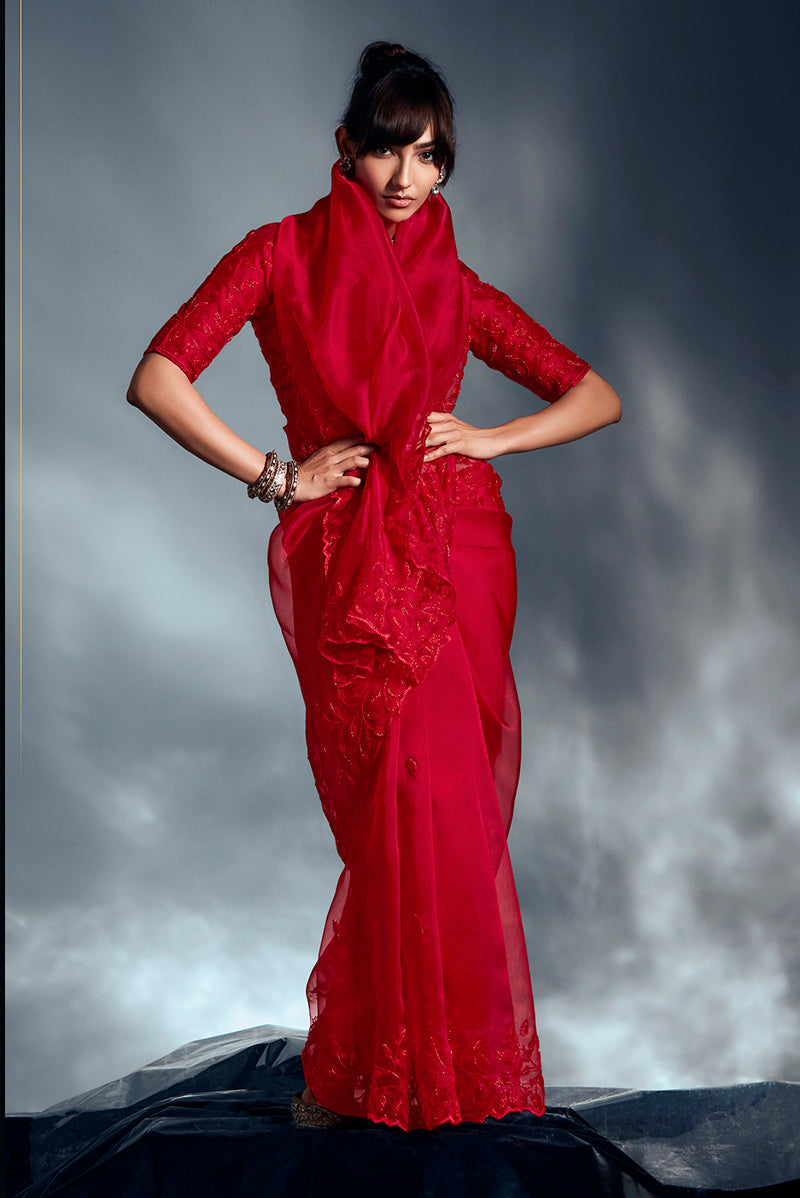 Monjolika Fashion Red Tissue Organza Saree With Moti, Cutdana & Sequin Work - Distacart