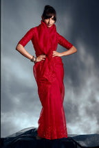 Monjolika Fashion Red Tissue Organza Saree With Moti, Cutdana & Sequin Work - Distacart