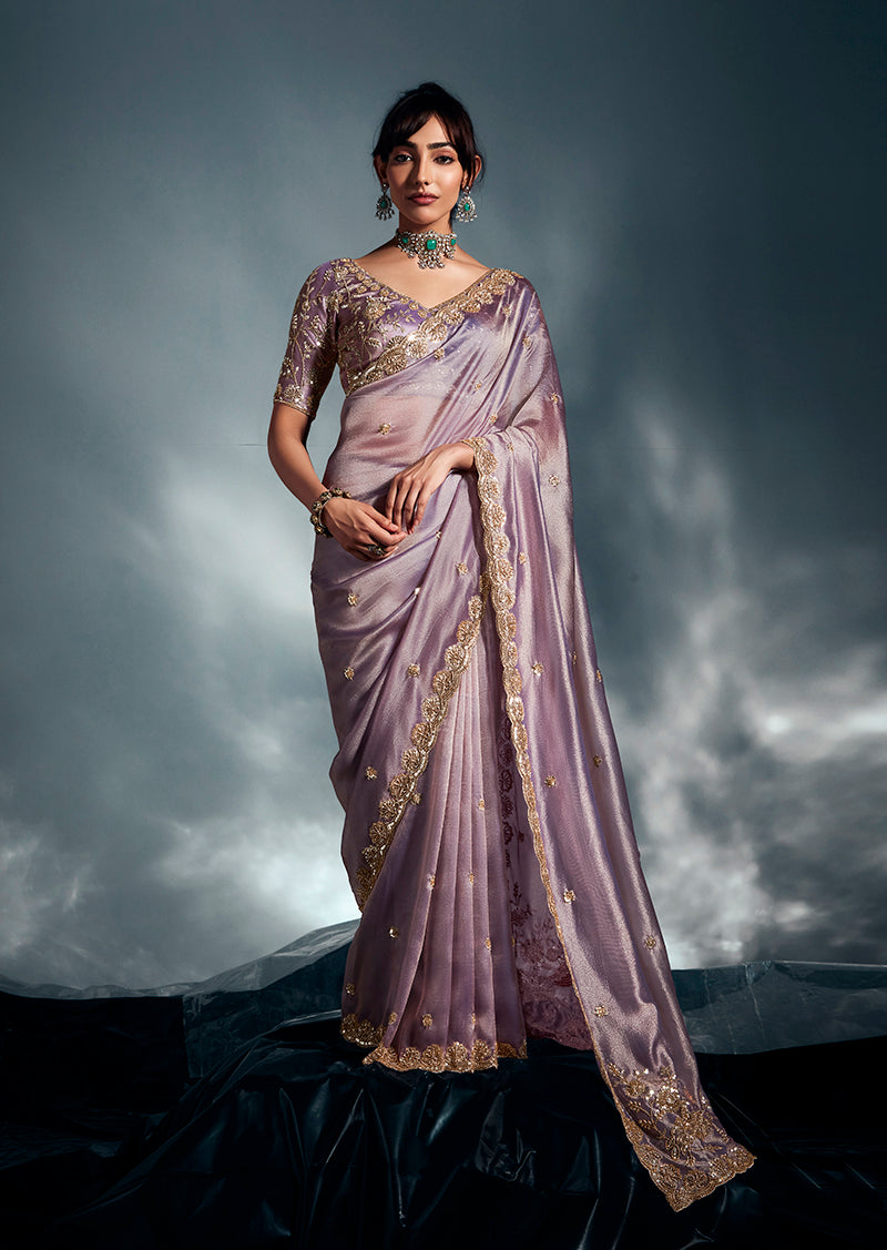 Monjolika Fashion Lilac Tissue Organza Saree With Moti, Cutdana & Sequin Work - Distacart
