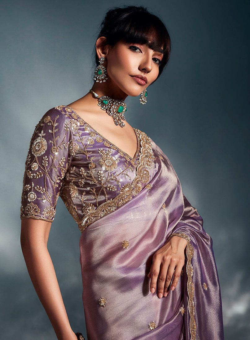 Monjolika Fashion Lilac Tissue Organza Saree With Moti, Cutdana & Sequin Work - Distacart