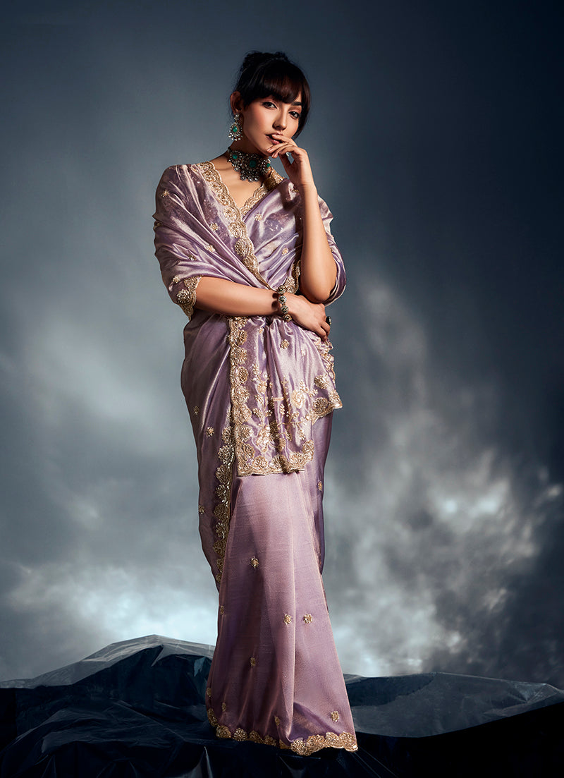 Monjolika Fashion Lilac Tissue Organza Saree With Moti, Cutdana & Sequin Work - Distacart