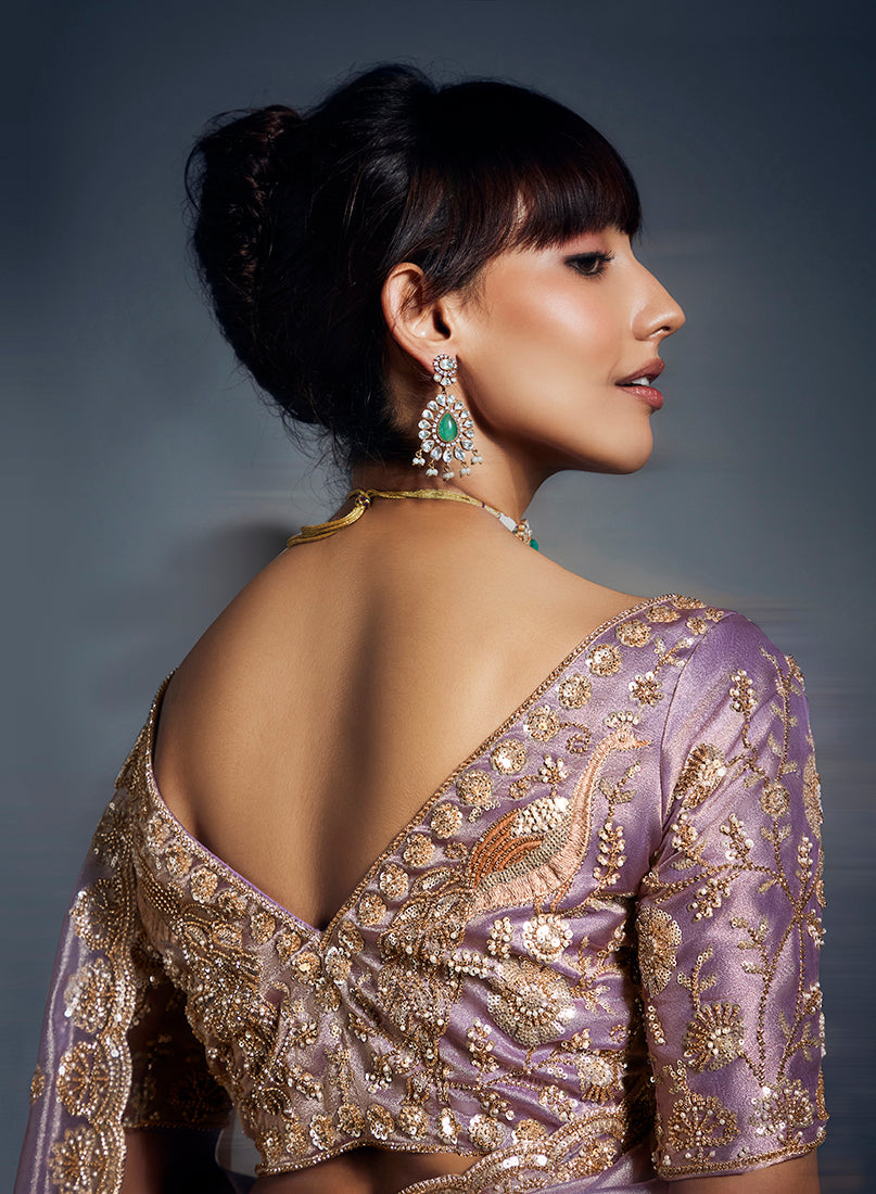 Monjolika Fashion Lilac Tissue Organza Saree With Moti, Cutdana & Sequin Work - Distacart