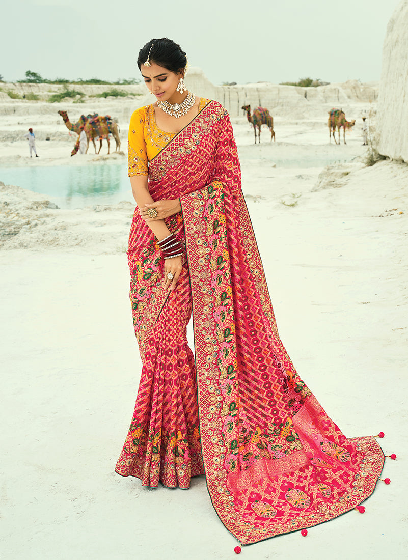 Monjolika Fashion Rani Pink Embroidered Georgette Bandhej Designer Saree - Distacart