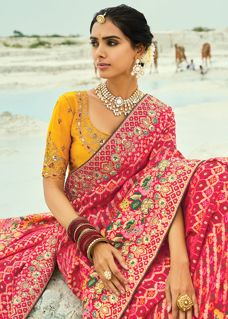 Monjolika Fashion Rani Pink Embroidered Georgette Bandhej Designer Saree - Distacart