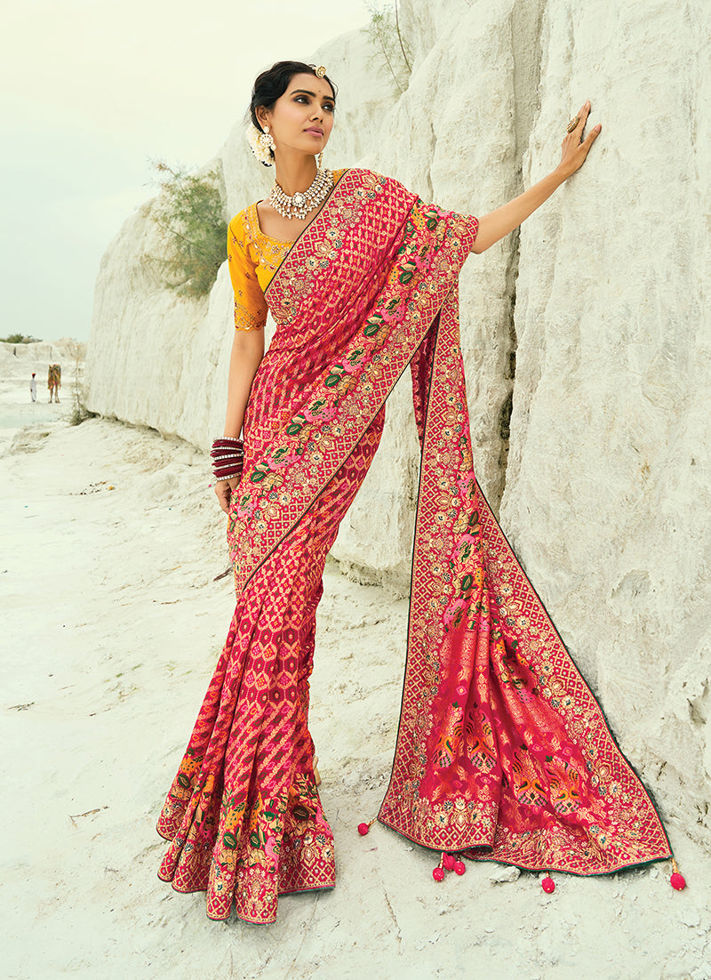 Monjolika Fashion Rani Pink Embroidered Georgette Bandhej Designer Saree - Distacart