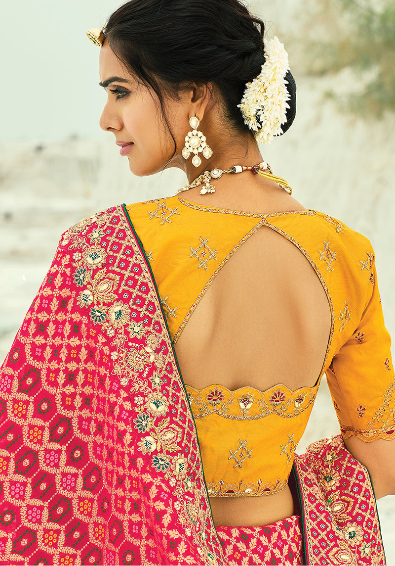 Monjolika Fashion Rani Pink Embroidered Georgette Bandhej Designer Saree - Distacart