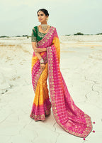 Monjolika Fashion Mustard And Rani Pink Embroidered Georgette Bandhej Designer Saree - Distacart