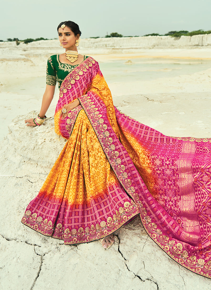 Monjolika Fashion Mustard And Rani Pink Embroidered Georgette Bandhej Designer Saree - Distacart