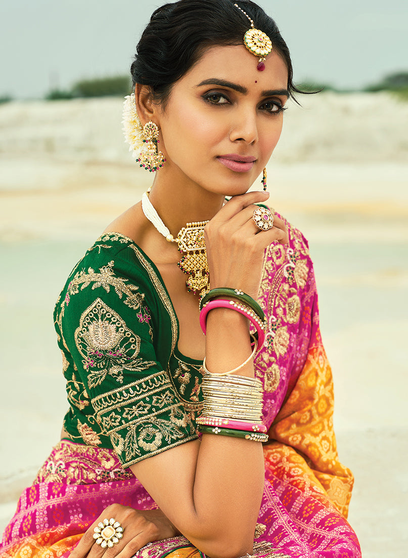 Monjolika Fashion Mustard And Rani Pink Embroidered Georgette Bandhej Designer Saree - Distacart