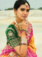 Monjolika Fashion Mustard And Rani Pink Embroidered Georgette Bandhej Designer Saree - Distacart