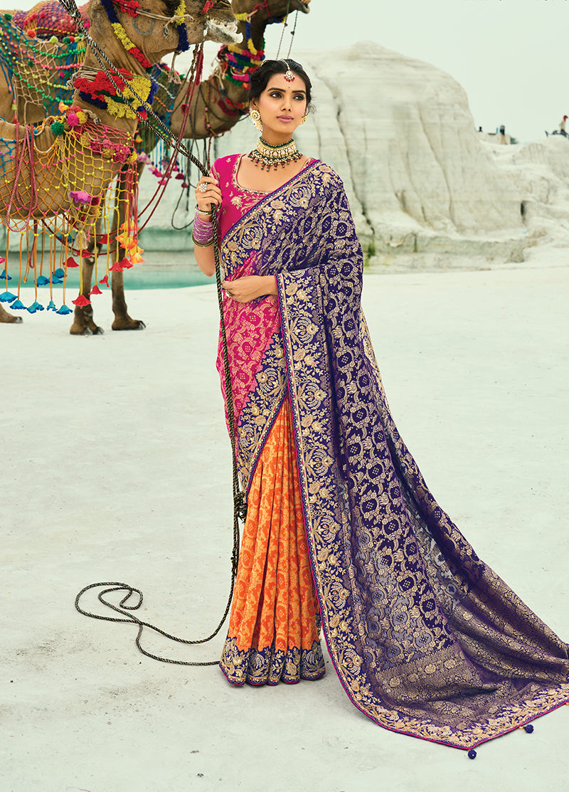 Monjolika Fashion Multicolor Embroidered Georgette Bandhej Designer Saree - Distacart