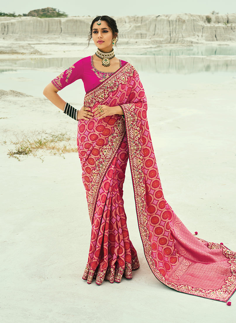 Monjolika Fashion Rani Pink Embroidered Georgette Bandhej Designer Saree - Distacart