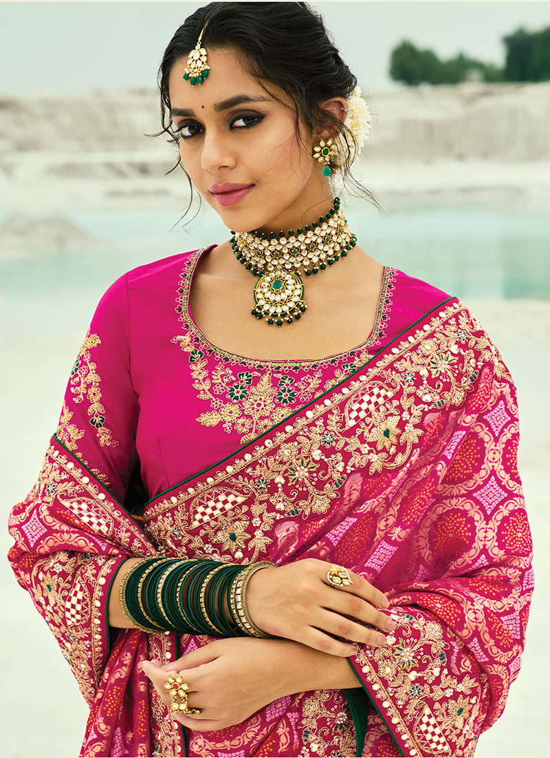 Monjolika Fashion Rani Pink Embroidered Georgette Bandhej Designer Saree - Distacart
