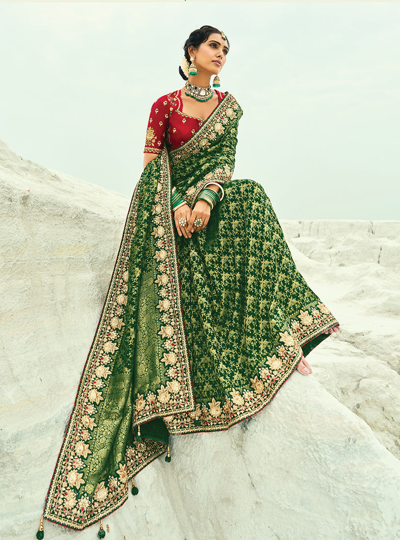 Monjolika Fashion Green Embroidered Georgette Bandhej Designer Saree - Distacart