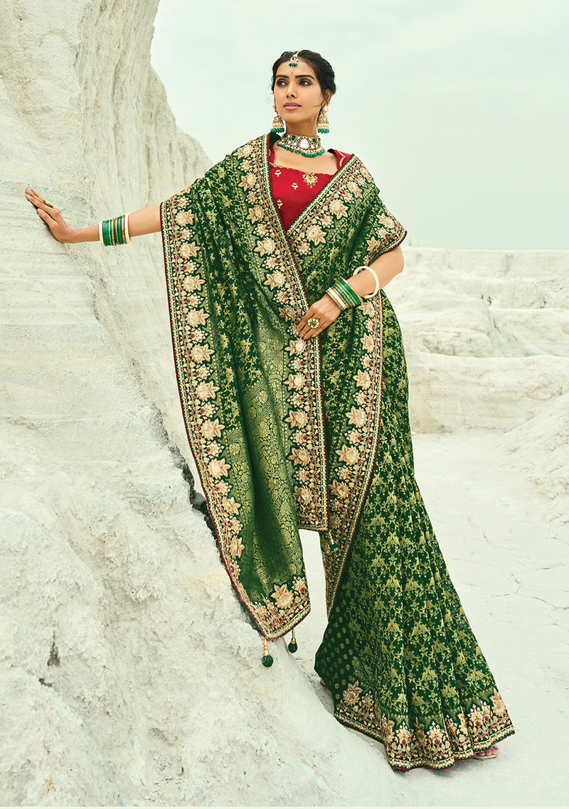 Monjolika Fashion Green Embroidered Georgette Bandhej Designer Saree - Distacart