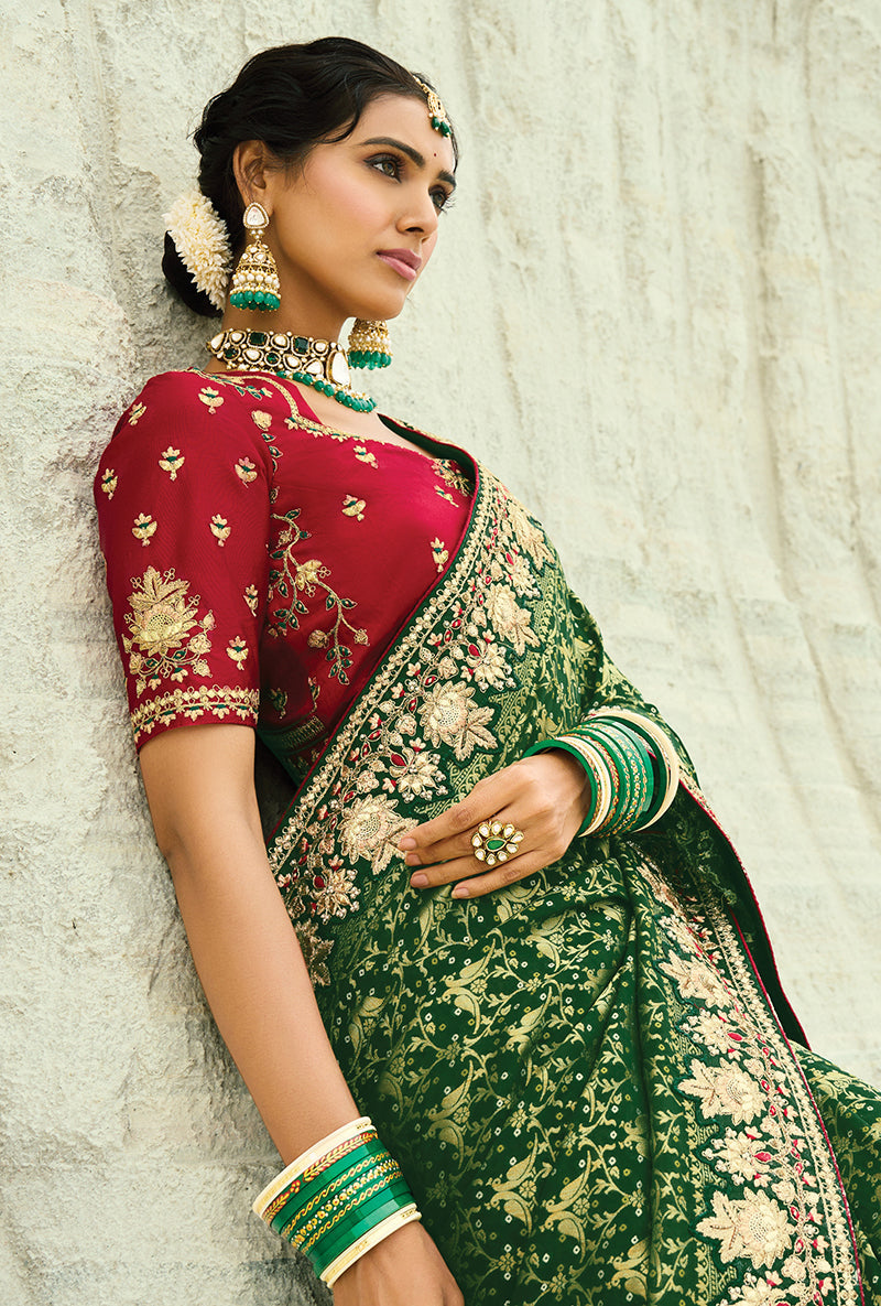 Monjolika Fashion Green Embroidered Georgette Bandhej Designer Saree - Distacart