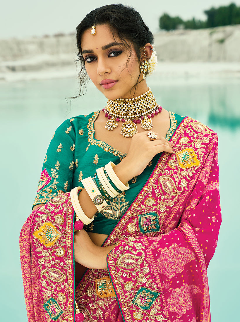 Monjolika Fashion Rani Pink Embroidered Georgette Bandhej Designer Saree - Distacart