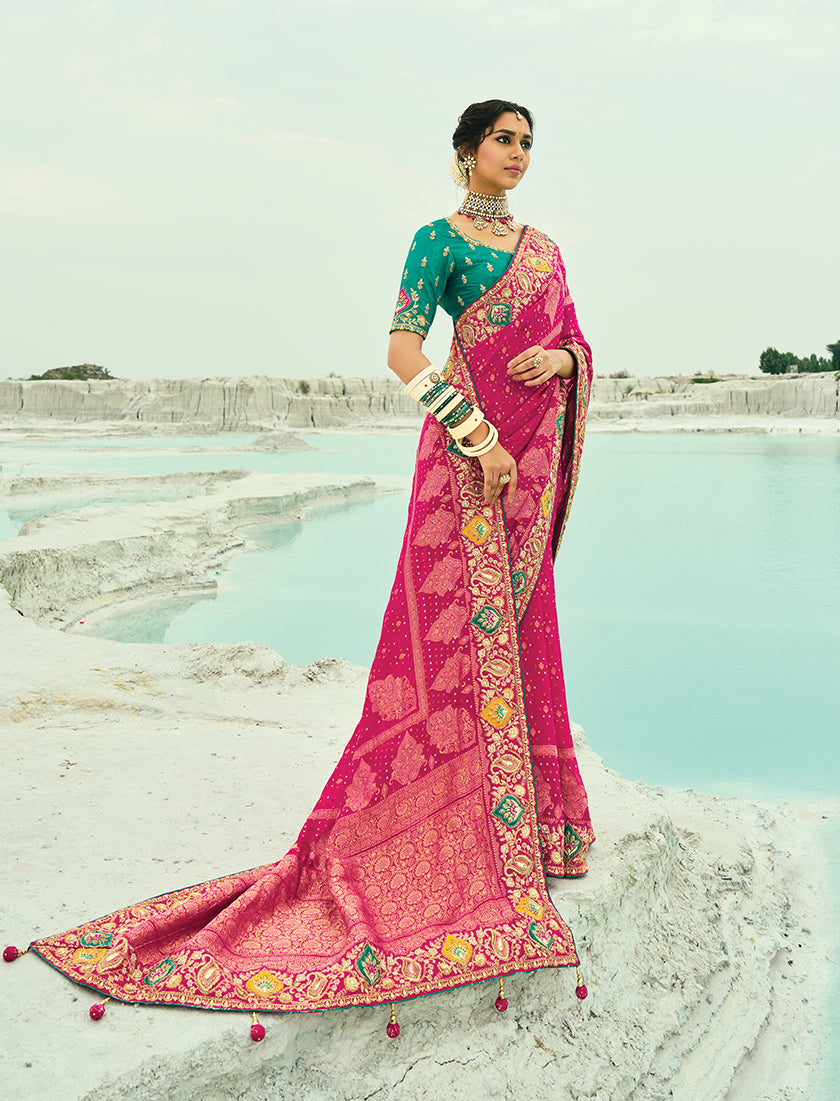 Monjolika Fashion Rani Pink Embroidered Georgette Bandhej Designer Saree - Distacart
