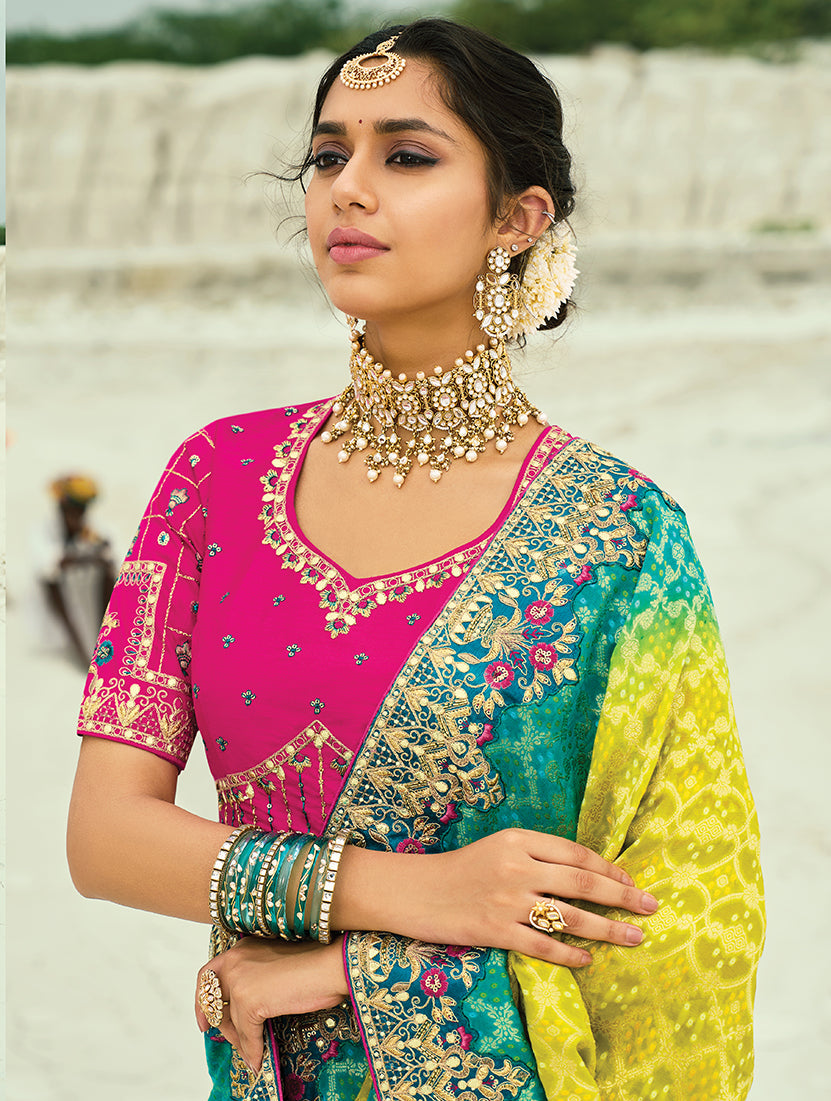 Monjolika Fashion Multicolor Embroidered Georgette Bandhej Designer Saree - Distacart