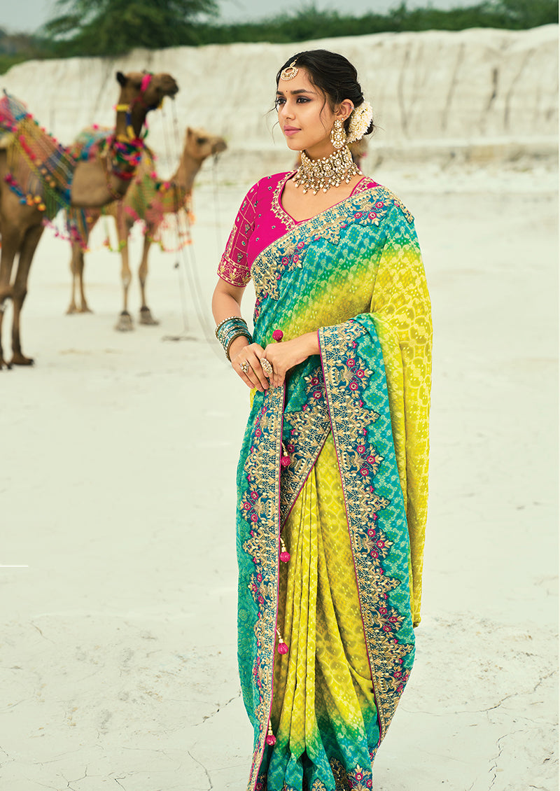 Monjolika Fashion Multicolor Embroidered Georgette Bandhej Designer Saree - Distacart