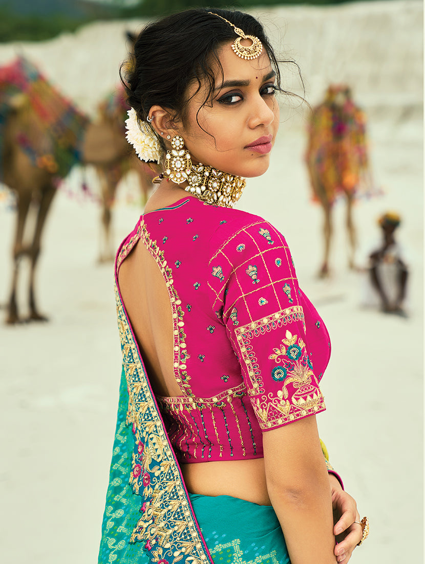 Monjolika Fashion Multicolor Embroidered Georgette Bandhej Designer Saree - Distacart