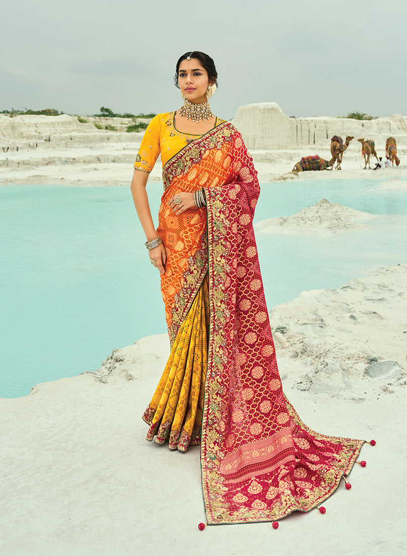 Monjolika Fashion Multicolor Embroidered Georgette Bandhej Designer Saree - Distacart