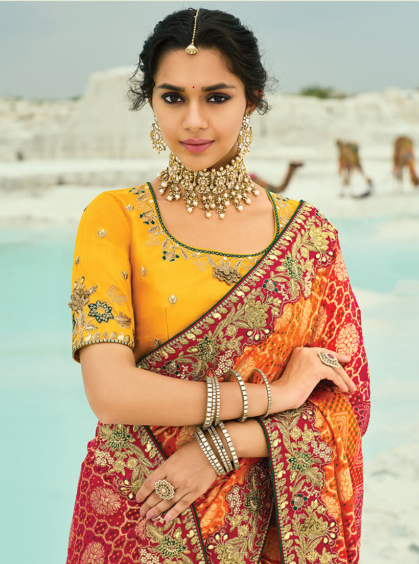 Monjolika Fashion Multicolor Embroidered Georgette Bandhej Designer Saree - Distacart