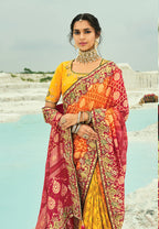 Monjolika Fashion Multicolor Embroidered Georgette Bandhej Designer Saree - Distacart