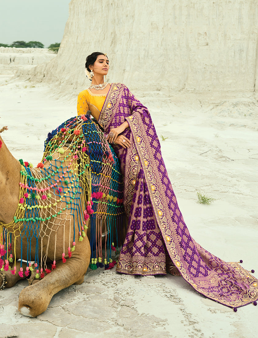 Monjolika Fashion Purple Embroidered Georgette Bandhej Designer Saree - Distacart