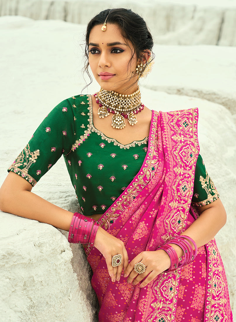 Monjolika Fashion Rani Pink Embroidered Georgette Bandhej Designer Saree - Distacart