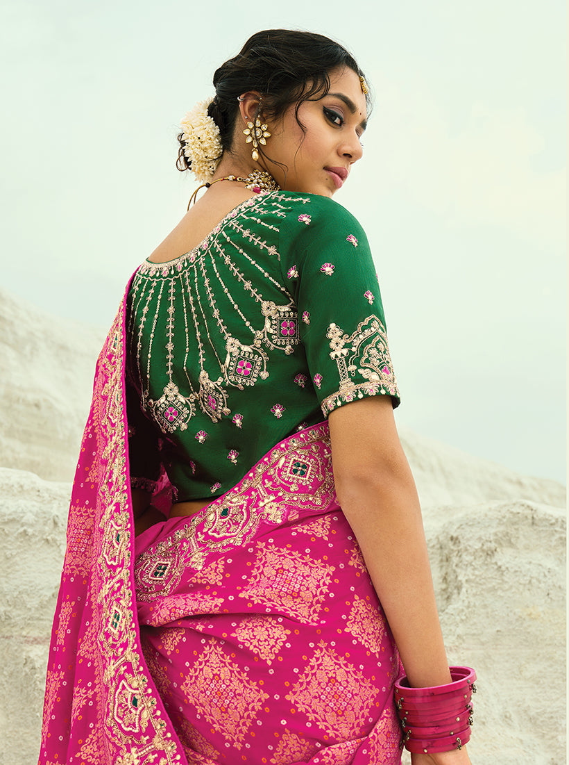 Monjolika Fashion Rani Pink Embroidered Georgette Bandhej Designer Saree - Distacart