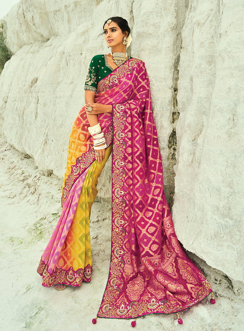 Monjolika Fashion Multicolor Embroidered Georgette Bandhej Designer Saree - Distacart