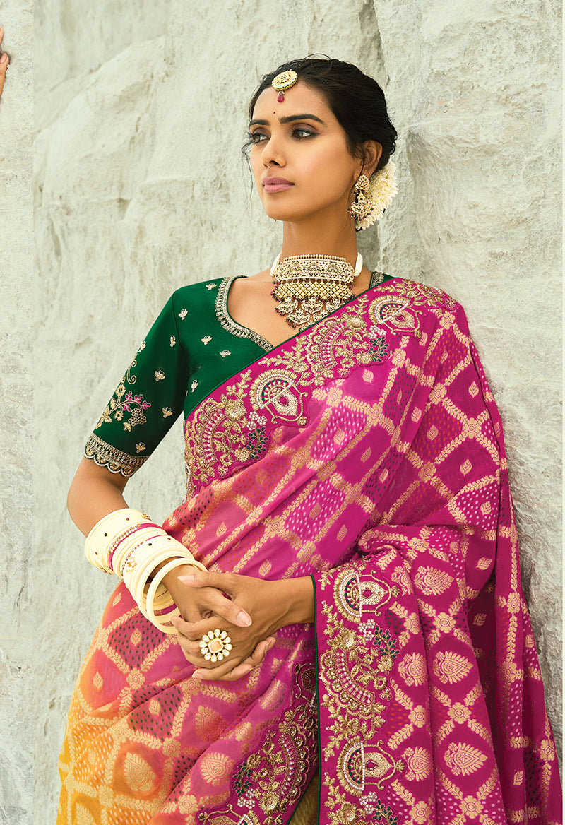 Monjolika Fashion Multicolor Embroidered Georgette Bandhej Designer Saree - Distacart